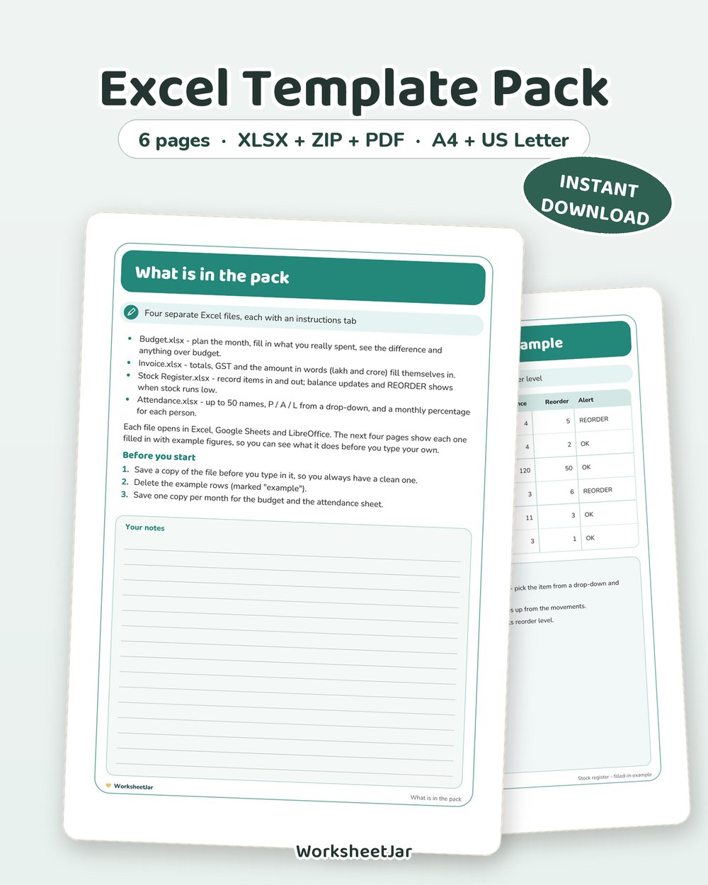 Excel Template Pack | Budget, Invoice, Stock Register and Attendance - printable money & productivity PDF, page preview