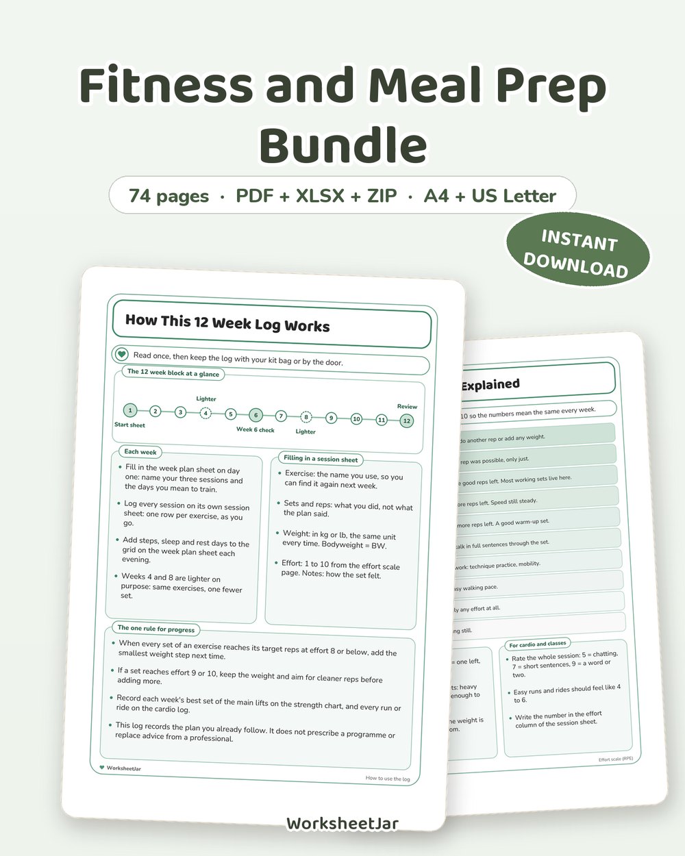 Fitness and Meal Prep Bundle | 74 Page Tracker Set - printable wellness & self-care PDF, page preview