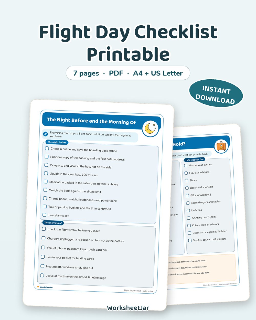 Flight Day Checklist Printable | Airport and Hand Luggage - printable travel planners & guides PDF, page preview