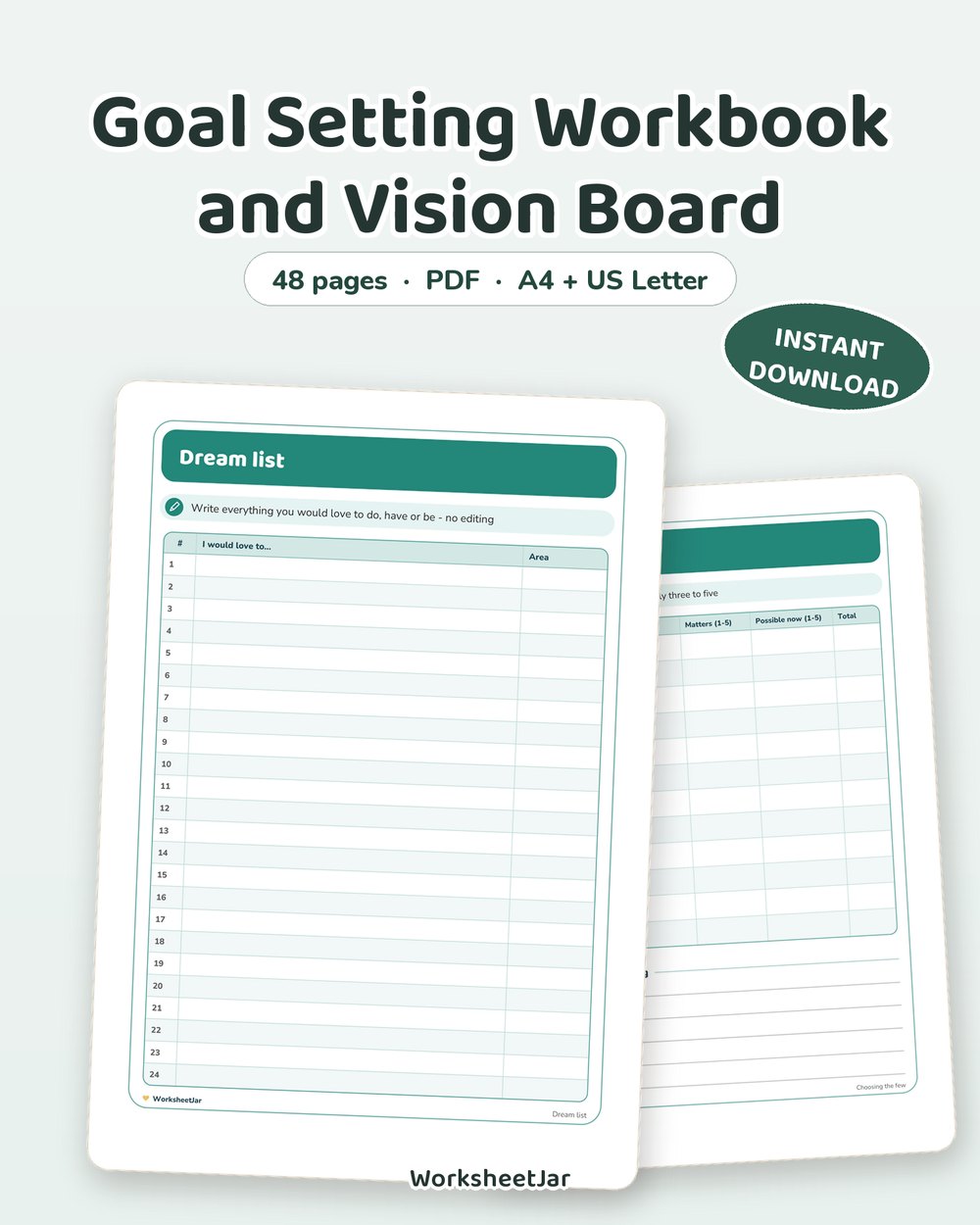 Goal Setting Workbook and Vision Board | 24 Worksheets - printable money & productivity PDF, page preview