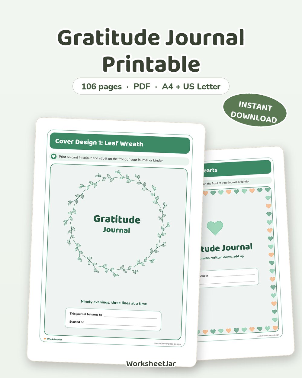 Gratitude Journal Printable | 90 Day Undated Journal Pages - printable wellness & self-care PDF, page preview