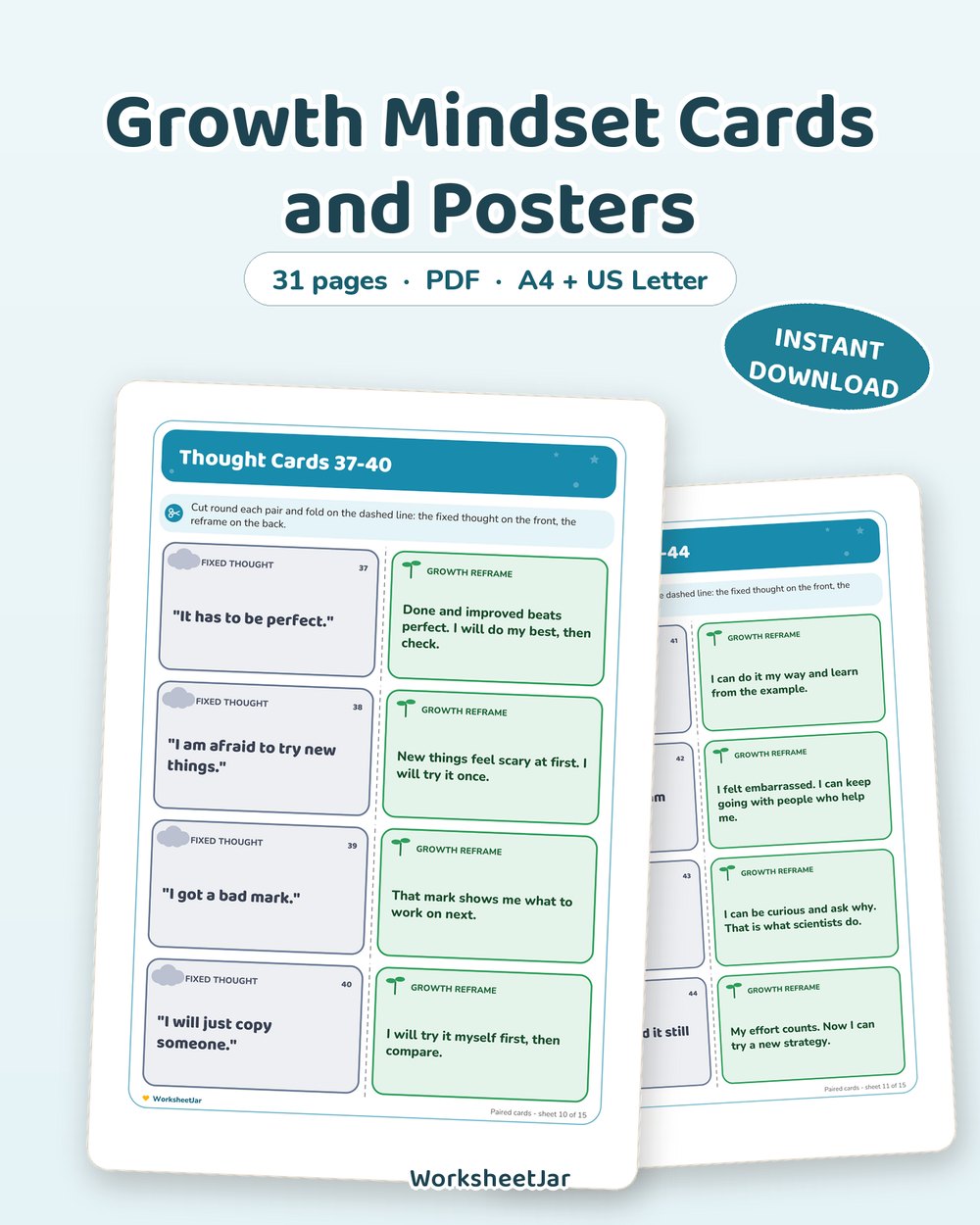 Growth Mindset Cards and Posters | 60 Reframe Prompts - printable sel & stem cards PDF, page preview