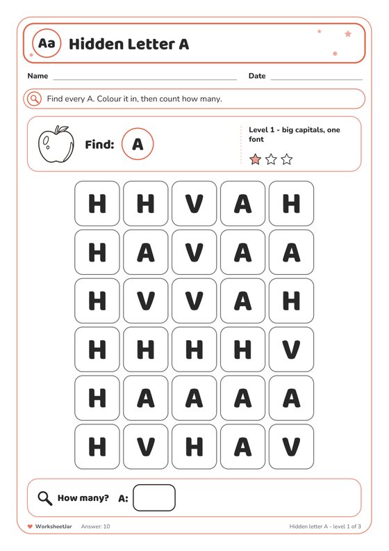 Hidden Letter Find and Colour Sheets - inside page 1