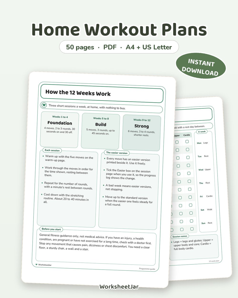 Home Workout Plans | 12 Weeks, No Equipment Needed - printable wellness & self-care PDF, page preview