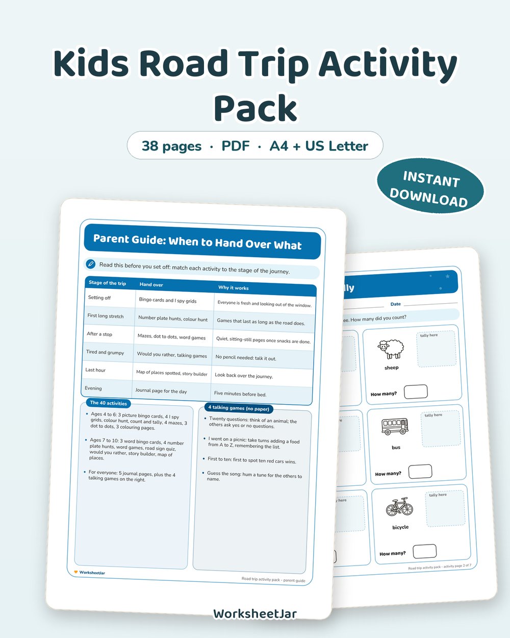 Kids Road Trip Activity Pack | 40 Screen-Free Car Games - printable travel planners & guides PDF, page preview