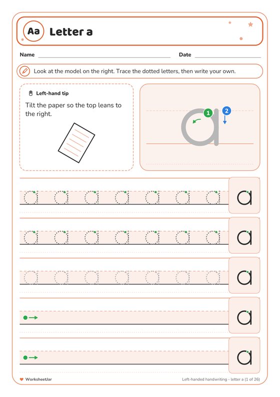 Left Handed Handwriting Worksheets - inside page 1