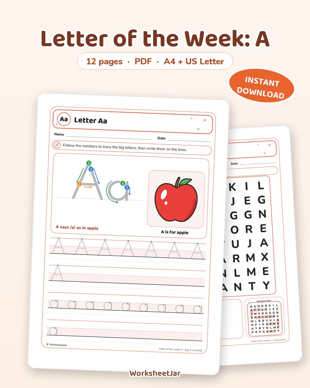 Letter of the Week: A | 12 Page Printable Pack - printable alphabet & phonics PDF, page preview