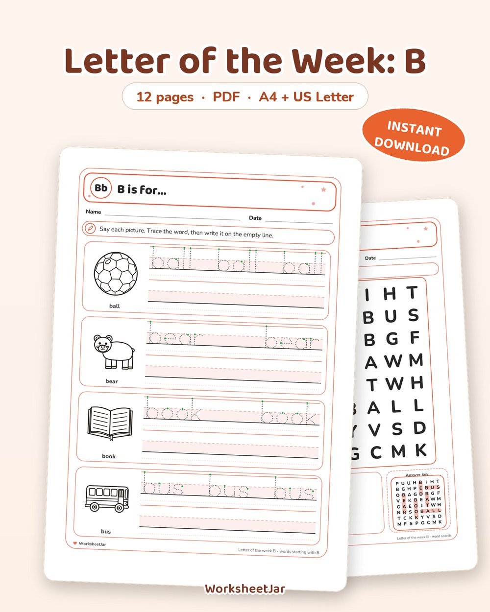 Letter of the Week: B | 12 Page Printable Pack - printable alphabet & phonics PDF, page preview