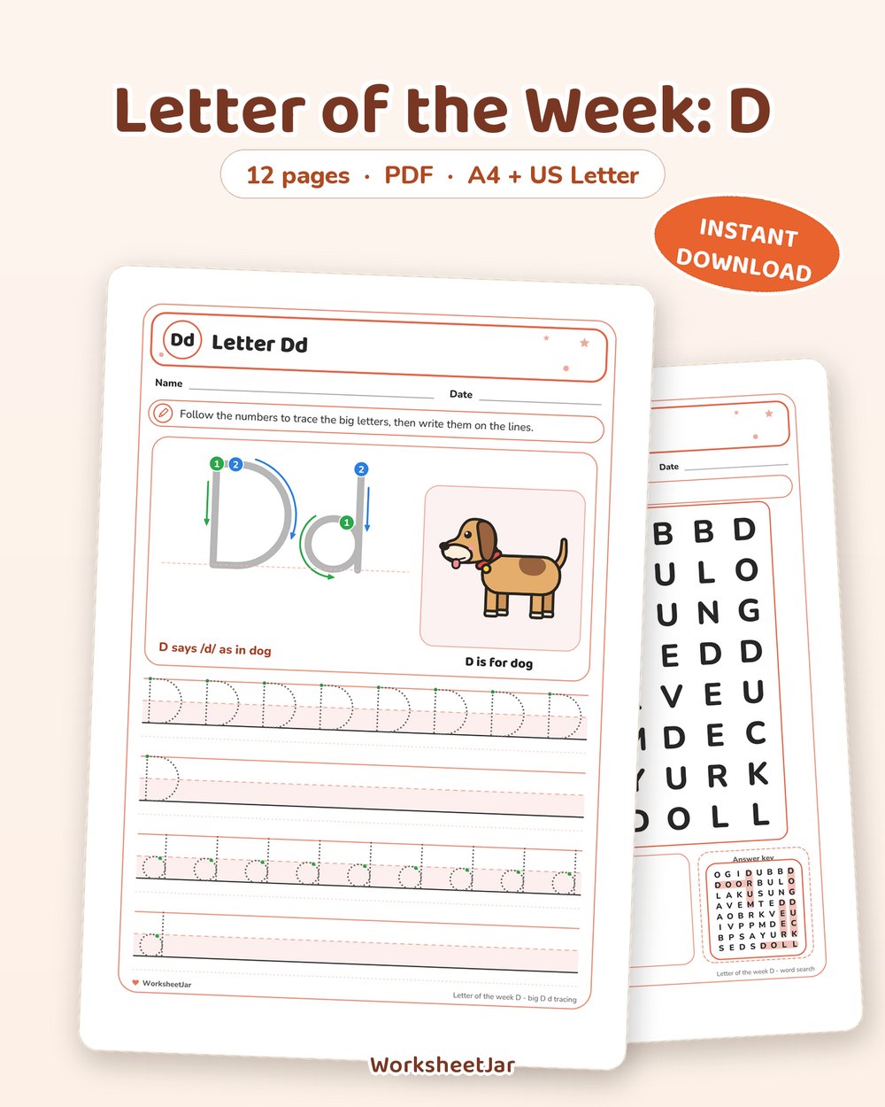 Letter of the Week: D | 12 Page Printable Pack - printable alphabet & phonics PDF, page preview