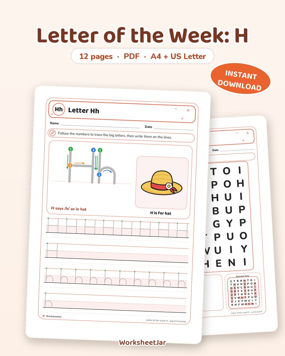 Letter of the Week: H | 12 Page Printable Pack - printable alphabet & phonics PDF, page preview