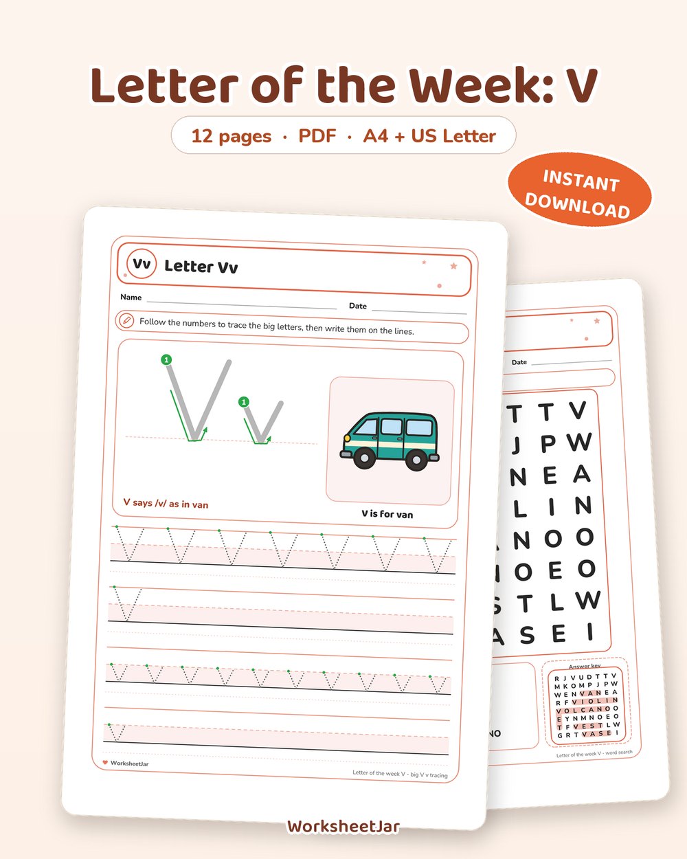 Letter of the Week: V | 12 Page Printable Pack - printable alphabet & phonics PDF, page preview