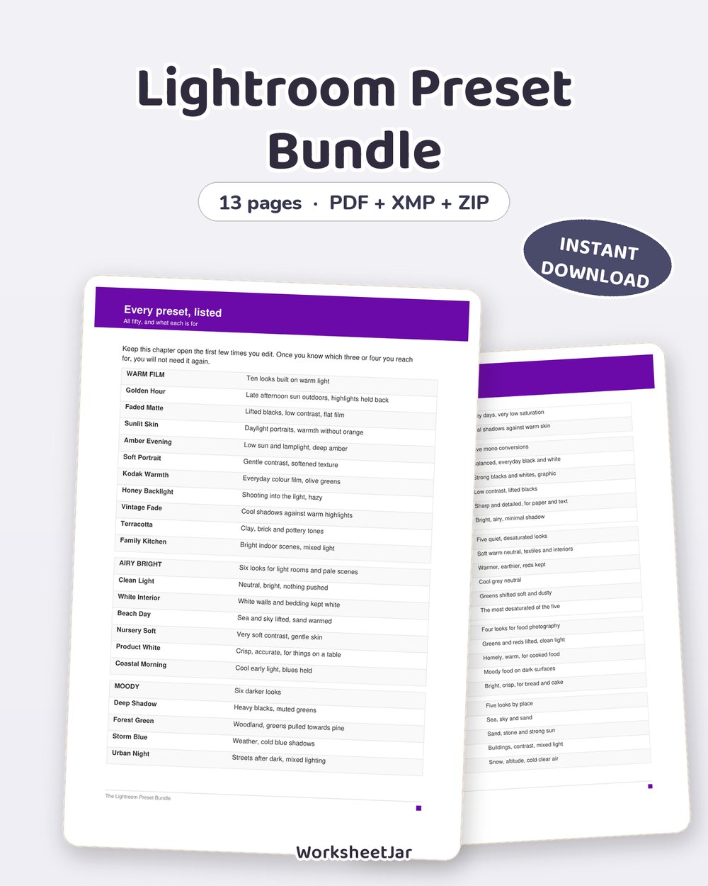 Lightroom Preset Bundle | 50 XMP Presets, 9 Collections - printable design assets for creators PDF, page preview