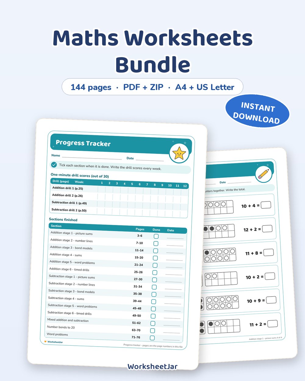 Maths Worksheets Bundle | 144 Pages with Full Answer Keys - printable numbers & math PDF, page preview