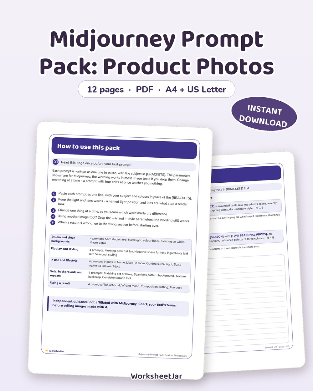 Midjourney Prompt Pack: Product Photos | 20 Prompts, 12 Pages - printable ebooks, courses & prompt packs PDF, page preview