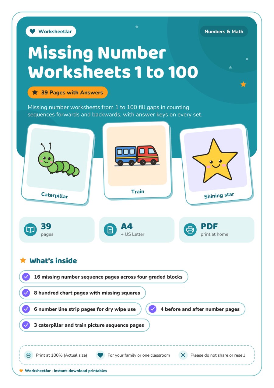 Missing Number Worksheets 1 to 100 - cover