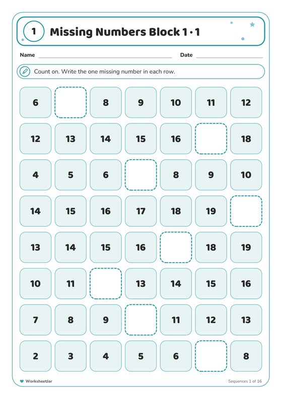 Missing Number Worksheets 1 to 100 - inside page 1