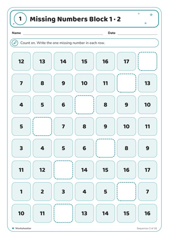 Missing Number Worksheets 1 to 100 - inside page 2