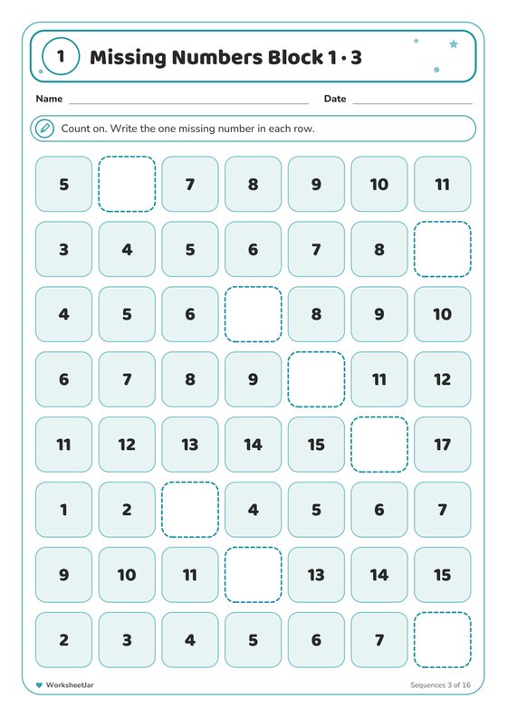 Missing Number Worksheets 1 to 100 - inside page 3