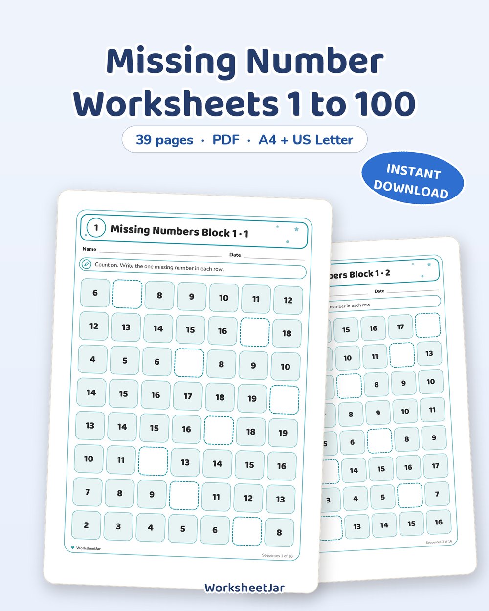 Missing Number Worksheets 1 to 100 | 39 Pages with Answers - printable numbers & math PDF, page preview