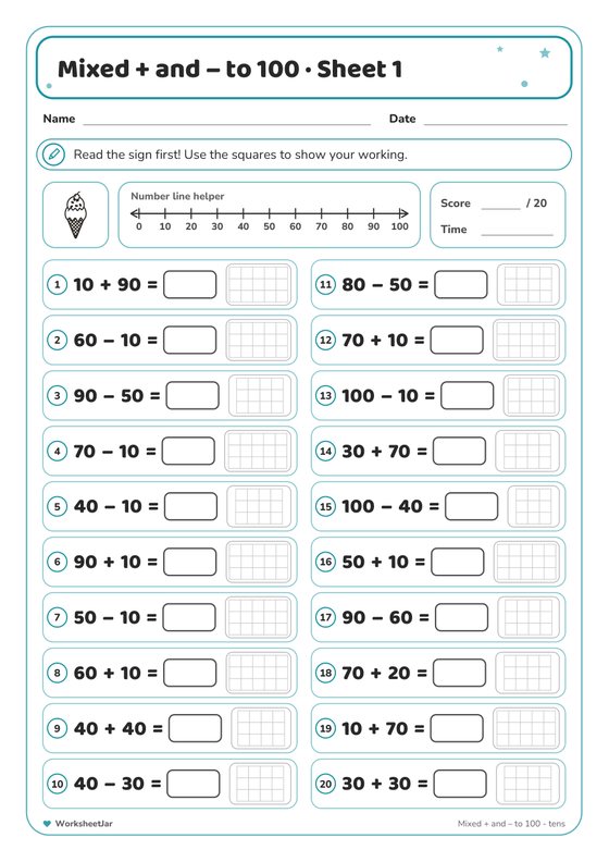 Mixed Addition and Subtraction to 100 - inside page 1