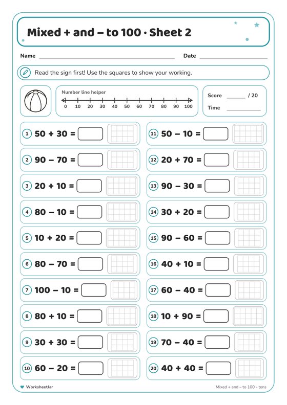 Mixed Addition and Subtraction to 100 - inside page 2