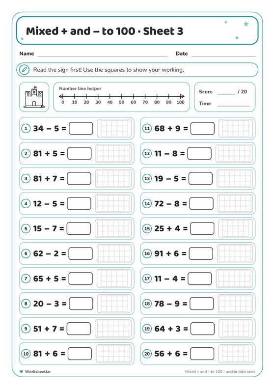 Mixed Addition and Subtraction to 100 - inside page 3