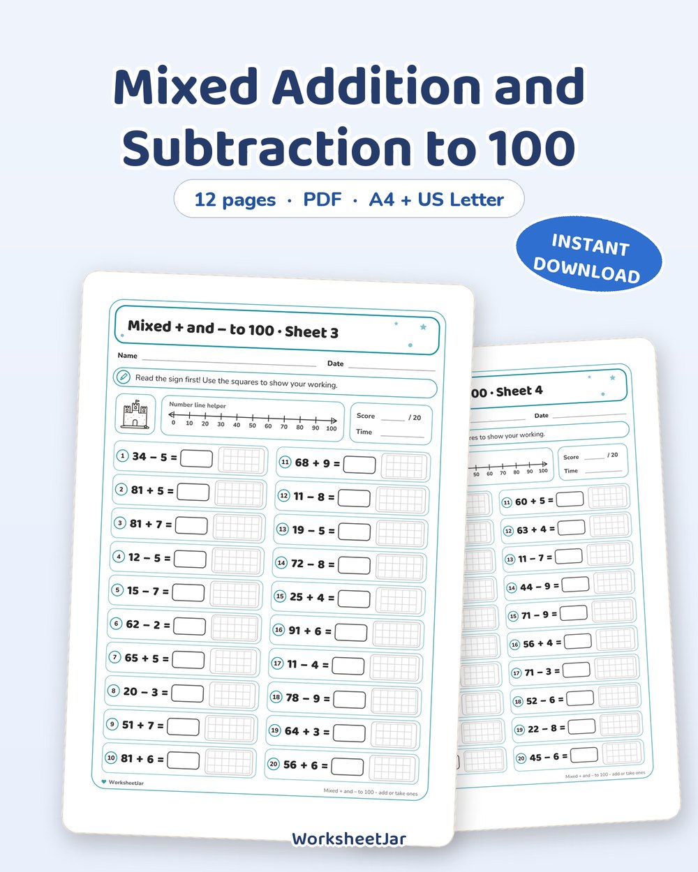 Mixed Addition and Subtraction to 100 | Daily Maths Drill - printable numbers & math PDF, page preview