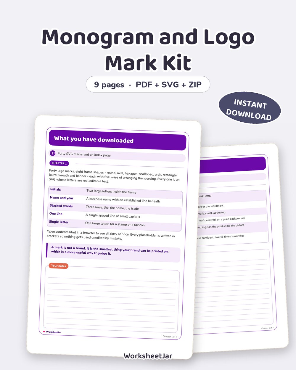 Monogram and Logo Mark Kit | 40 Editable SVG Marks - printable design assets for creators PDF, page preview
