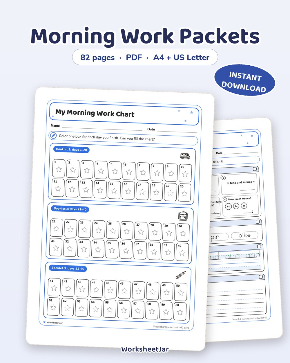 Morning Work Packets | 60 Days of Grade 1-2 Warm Ups - printable teacher & classroom tools PDF, page preview