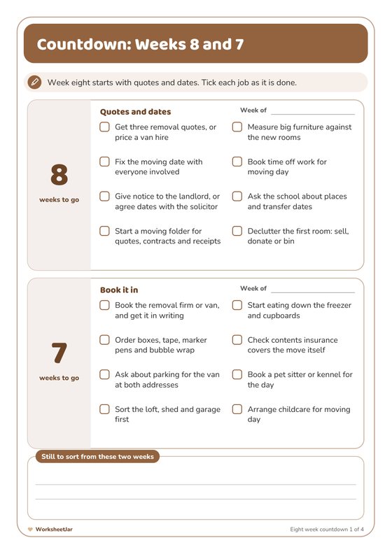 Moving House Checklist Printable - inside page 1