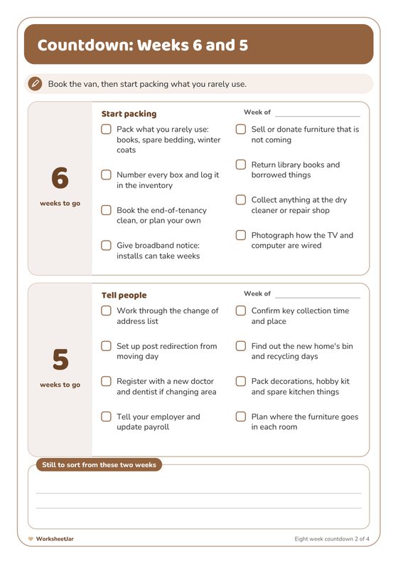 Moving House Checklist Printable - inside page 2