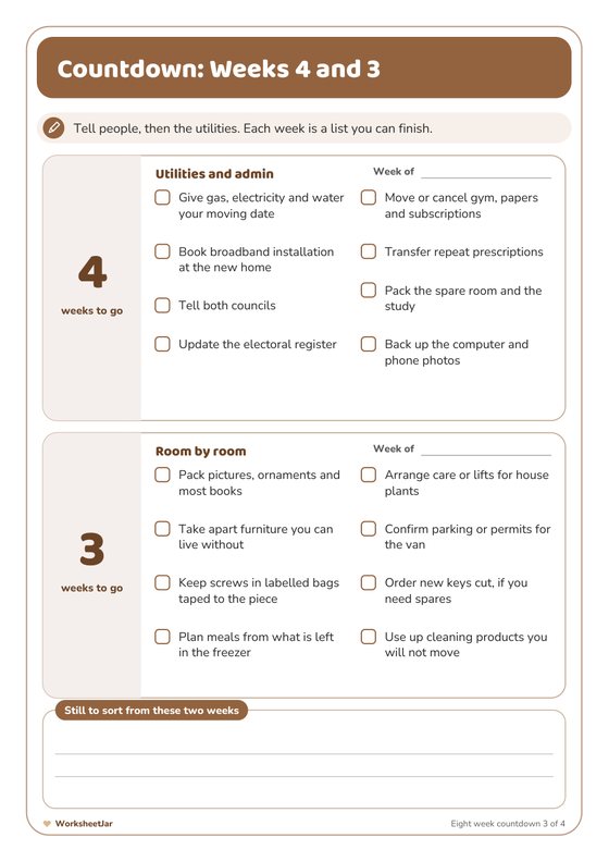 Moving House Checklist Printable - inside page 3
