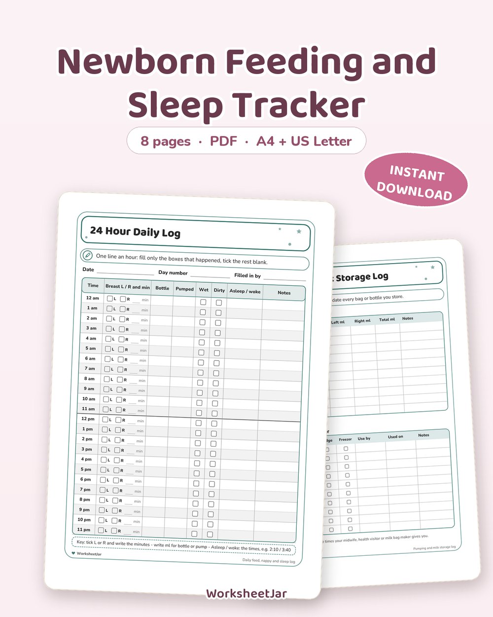 Newborn Feeding and Sleep Tracker | Daily Baby Log - printable baby & milestones PDF, page preview
