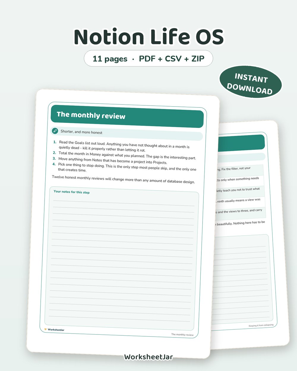 Notion Life OS | 8 Databases You Import and Own - printable money & productivity PDF, page preview