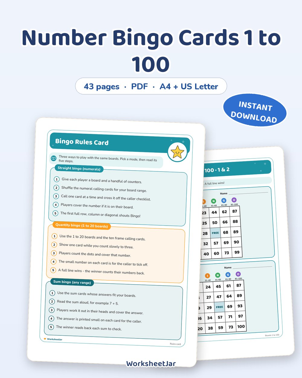 Number Bingo Cards 1 to 100 | 40 Boards for Class Games - printable numbers & math PDF, page preview