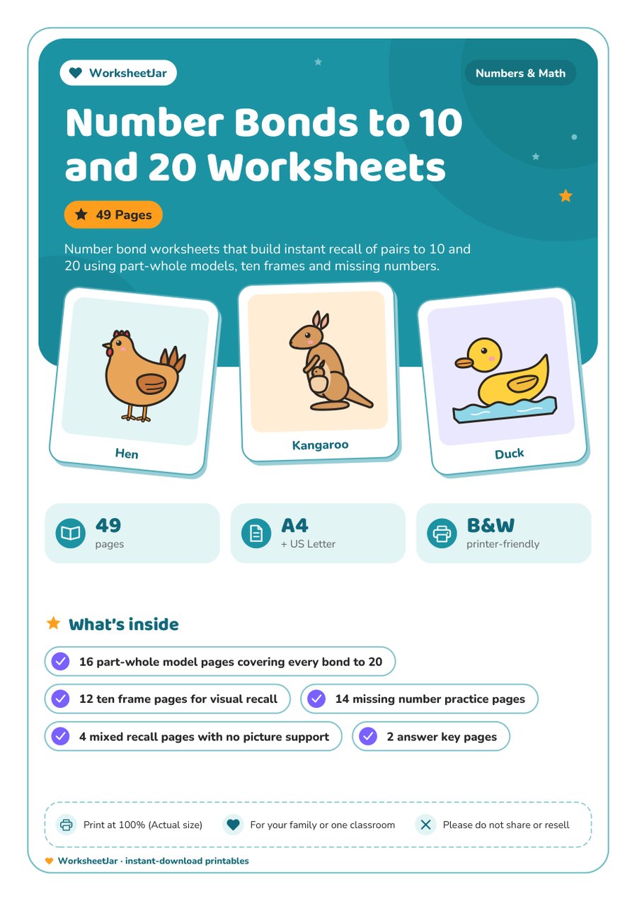Number Bonds to 10 and 20 Worksheets - cover