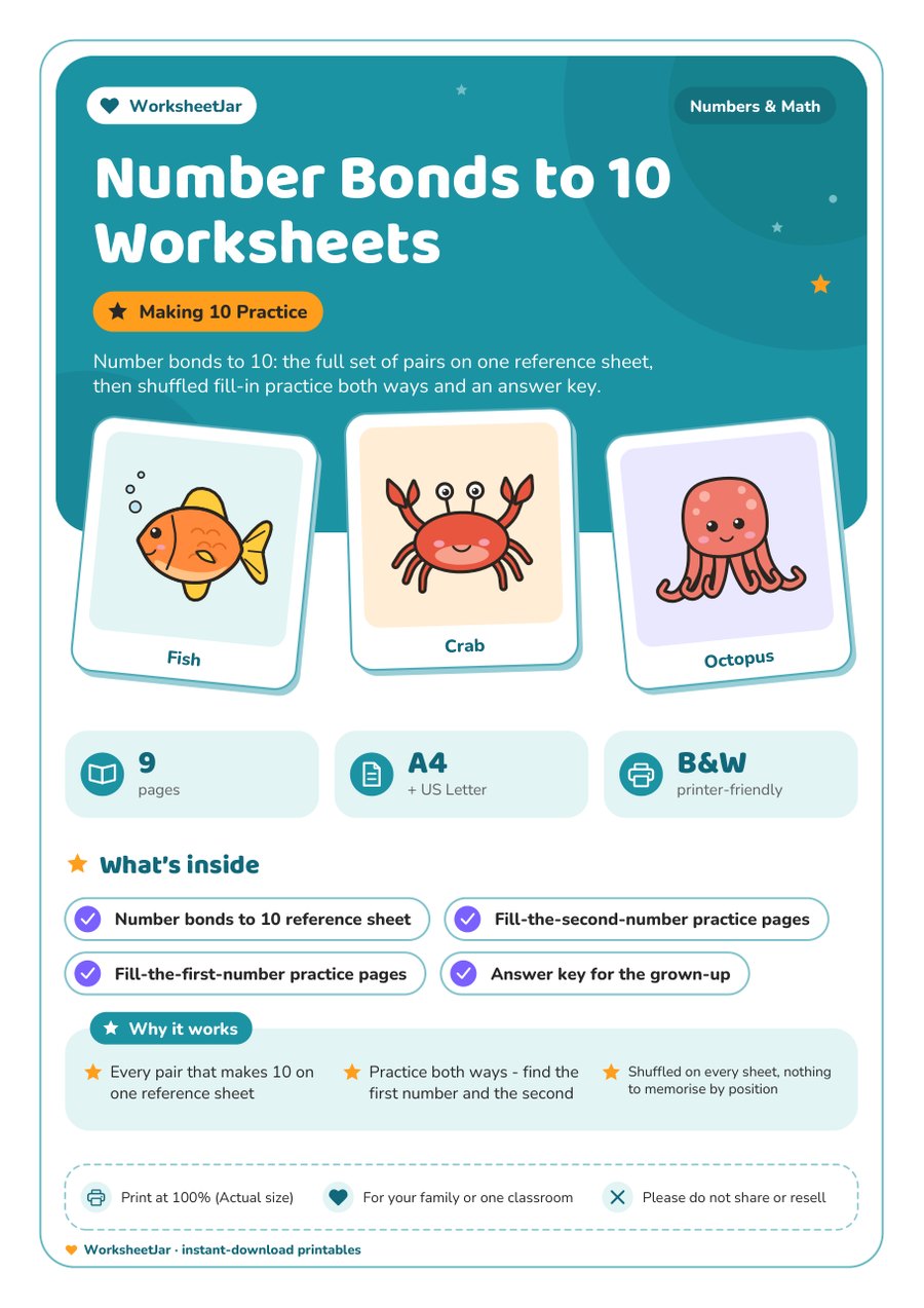 Number Bonds to 10 Worksheets - cover