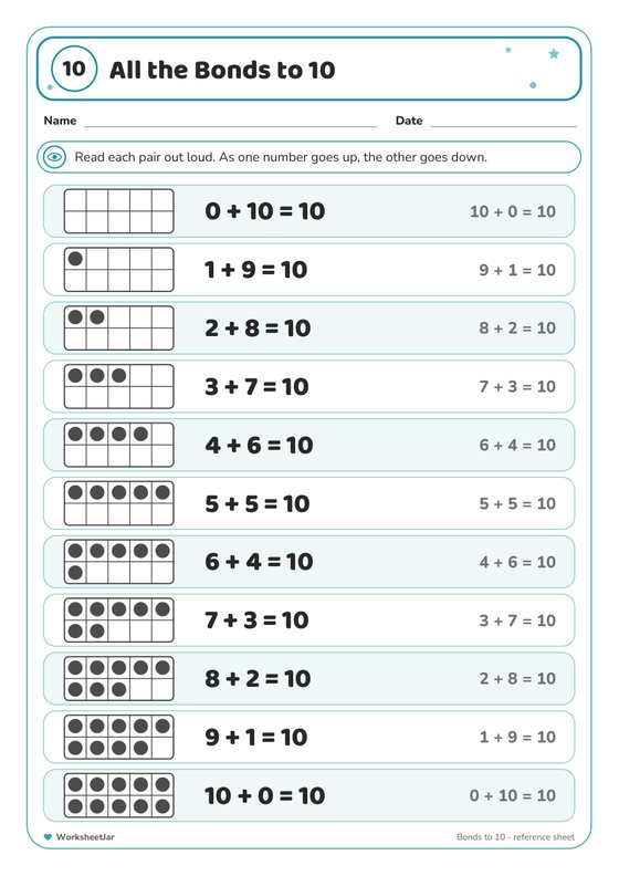 Number Bonds to 10 Worksheets - inside page 1