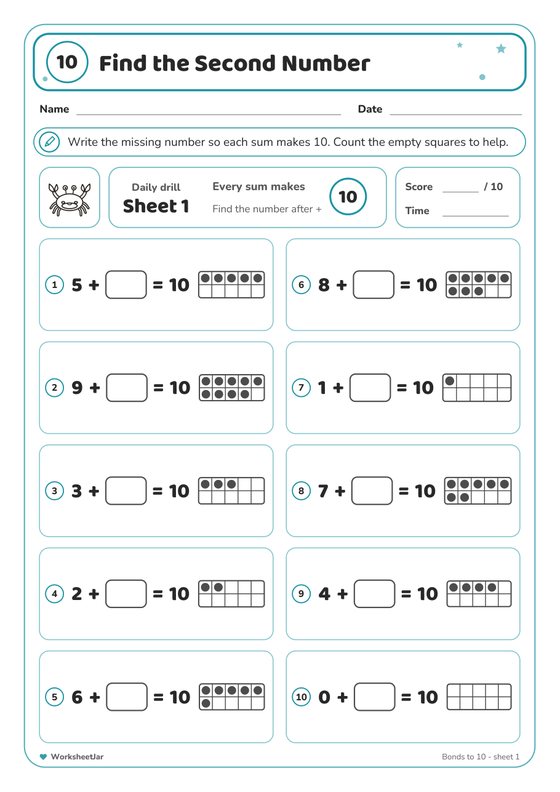 Number Bonds to 10 Worksheets - inside page 2