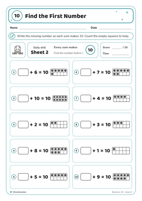 Number Bonds to 10 Worksheets - inside page 3