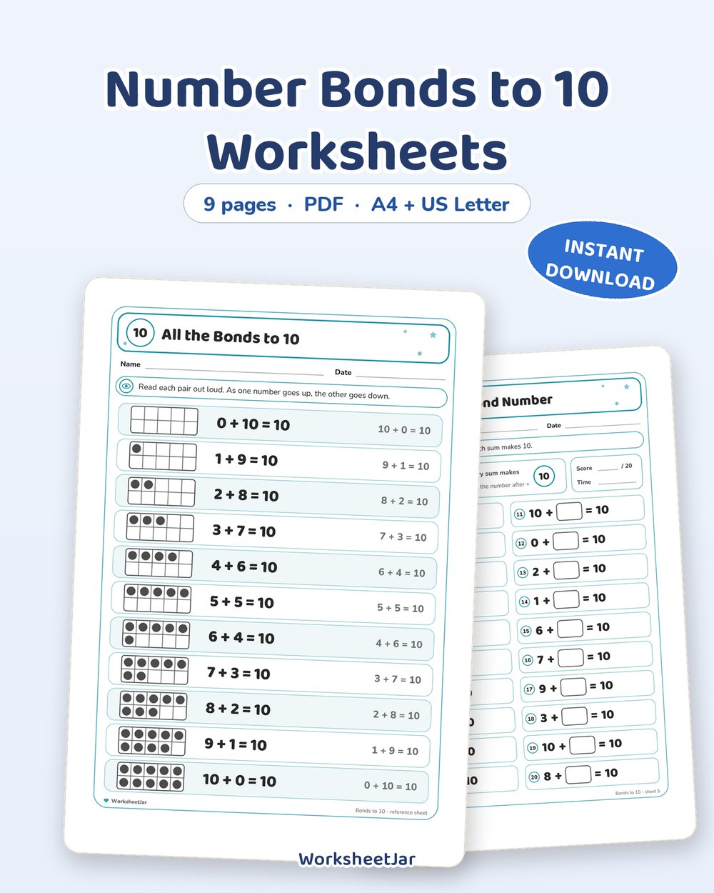 Number Bonds to 10 Worksheets | Making 10 Practice - printable numbers & math PDF, page preview
