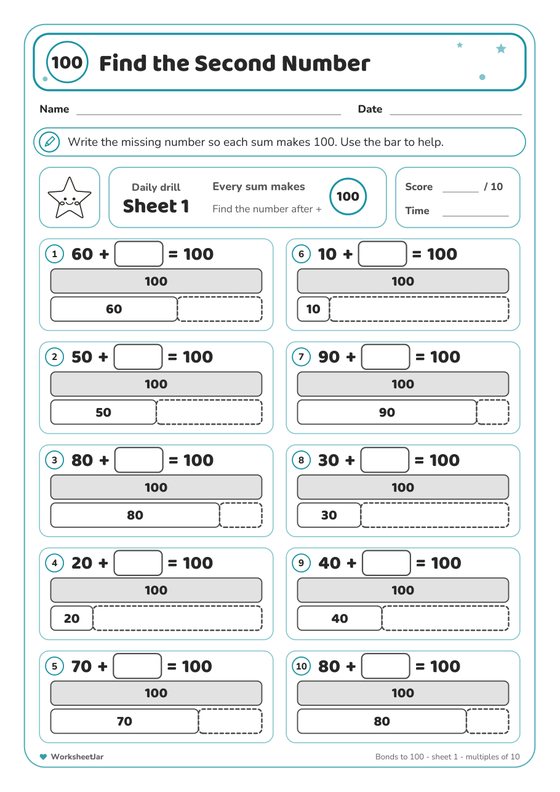 Number Bonds to 100 Worksheets - inside page 2