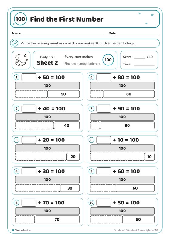 Number Bonds to 100 Worksheets - inside page 3