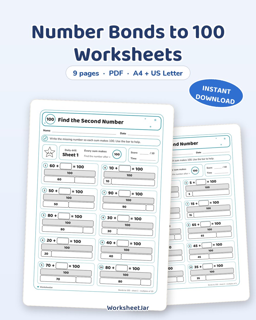 Number Bonds to 100 Worksheets | Making 100 Practice - printable numbers & math PDF, page preview