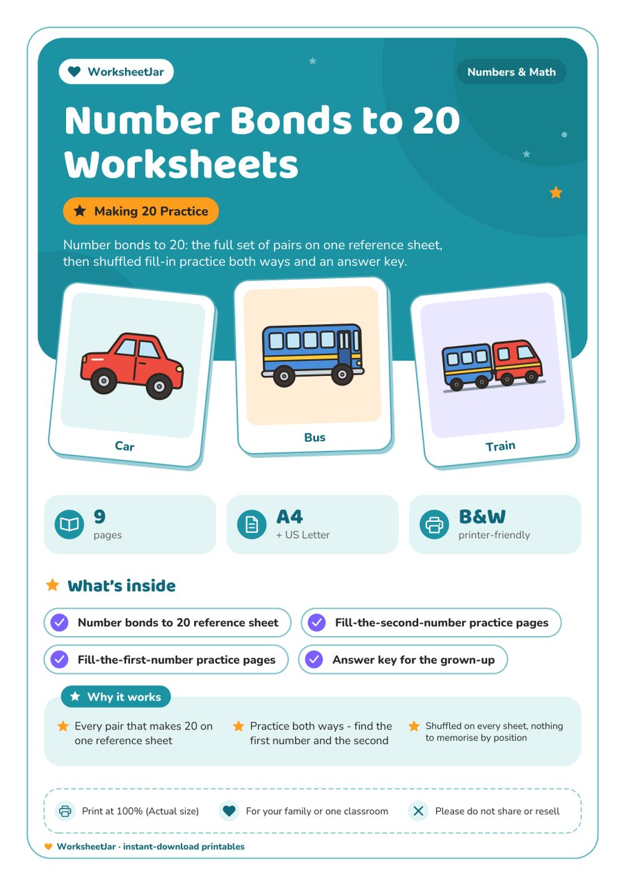 Number Bonds to 20 Worksheets - cover