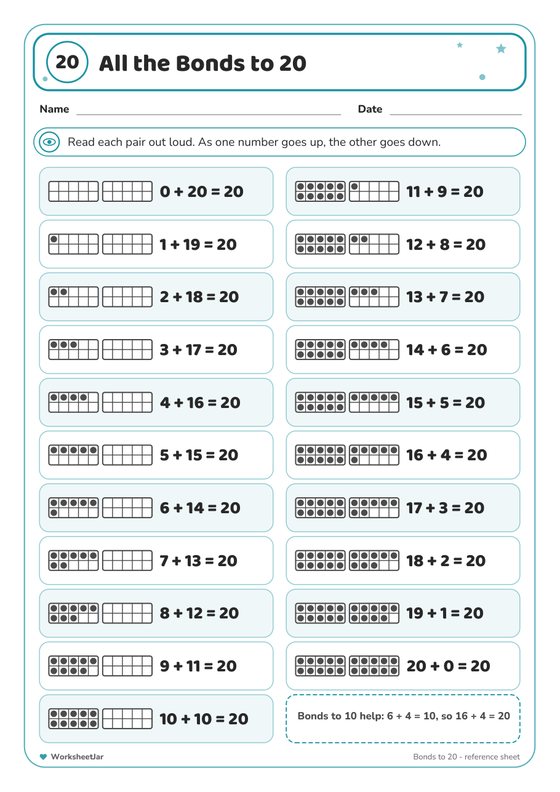 Number Bonds to 20 Worksheets - inside page 1