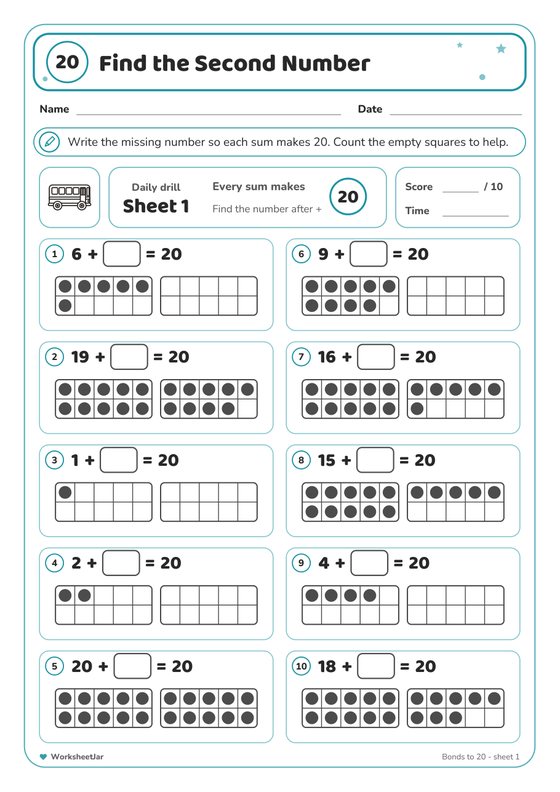 Number Bonds to 20 Worksheets - inside page 2