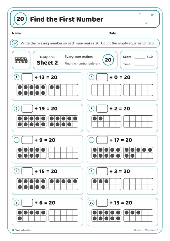 Number Bonds to 20 Worksheets - inside page 3
