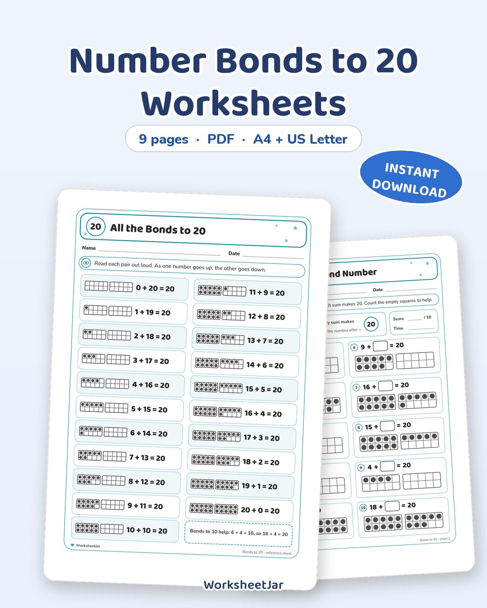 Number Bonds to 20 Worksheets | Making 20 Practice - printable numbers & math PDF, page preview