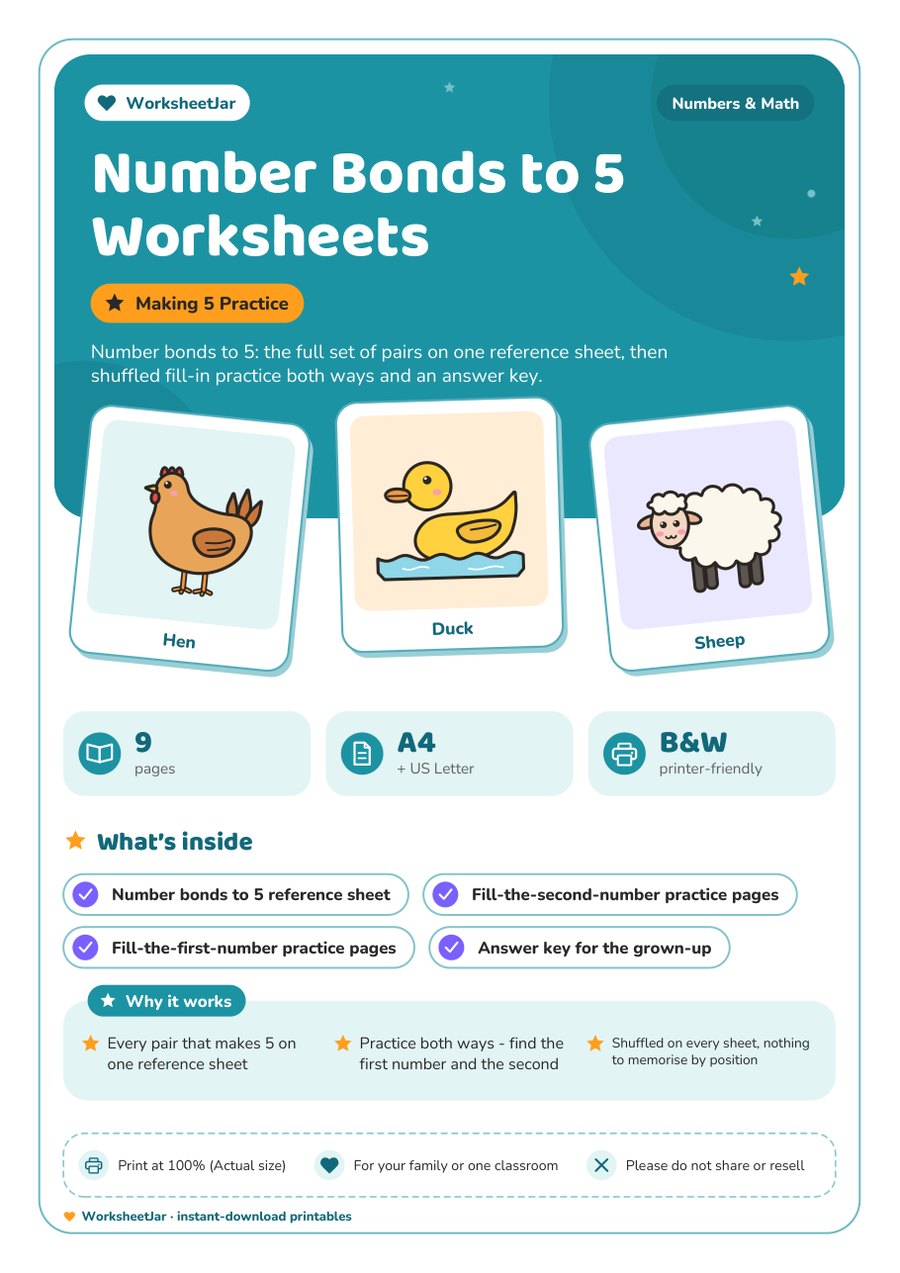 Number Bonds to 5 Worksheets - cover